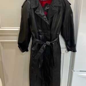 Vintage J Walden Black Leather Trench Coat with Belt,Red Wool Liner punk goth
